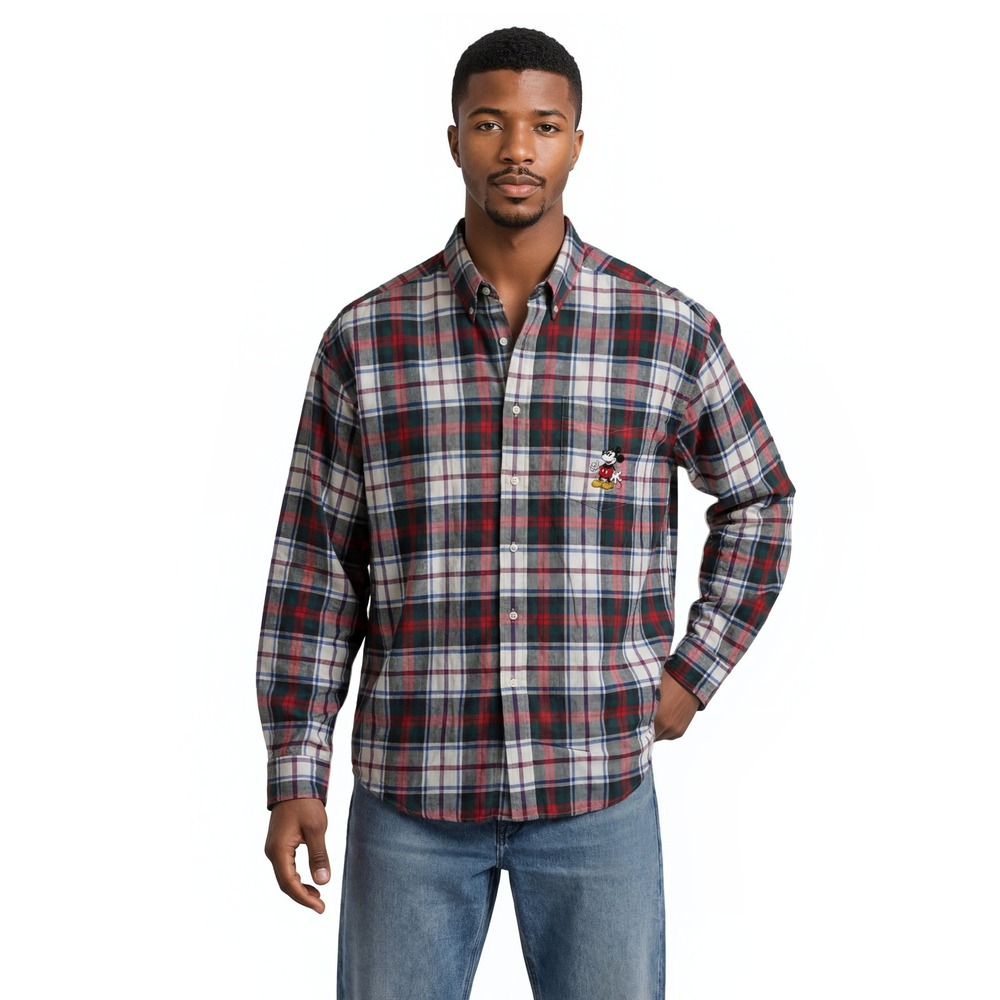 Disney Mickey Mouse Men's Size XL Red Green Plaid Button Down Shirt Vintage Top